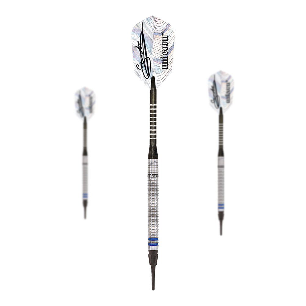 Das Bild zeigt drei Unicorn World Champion Natural Phase 3 Gary Anderson Softdarts mit einem Gewicht von 18g. Die Darts haben silberne Griffe und weiße Flights mit einer Unterschrift und dem Unicorn-Logo.
